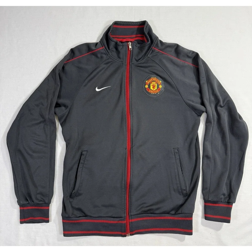 Nike Small Manchester United Jacket VTG Embroidered Swoosh Full Zip Gray Red